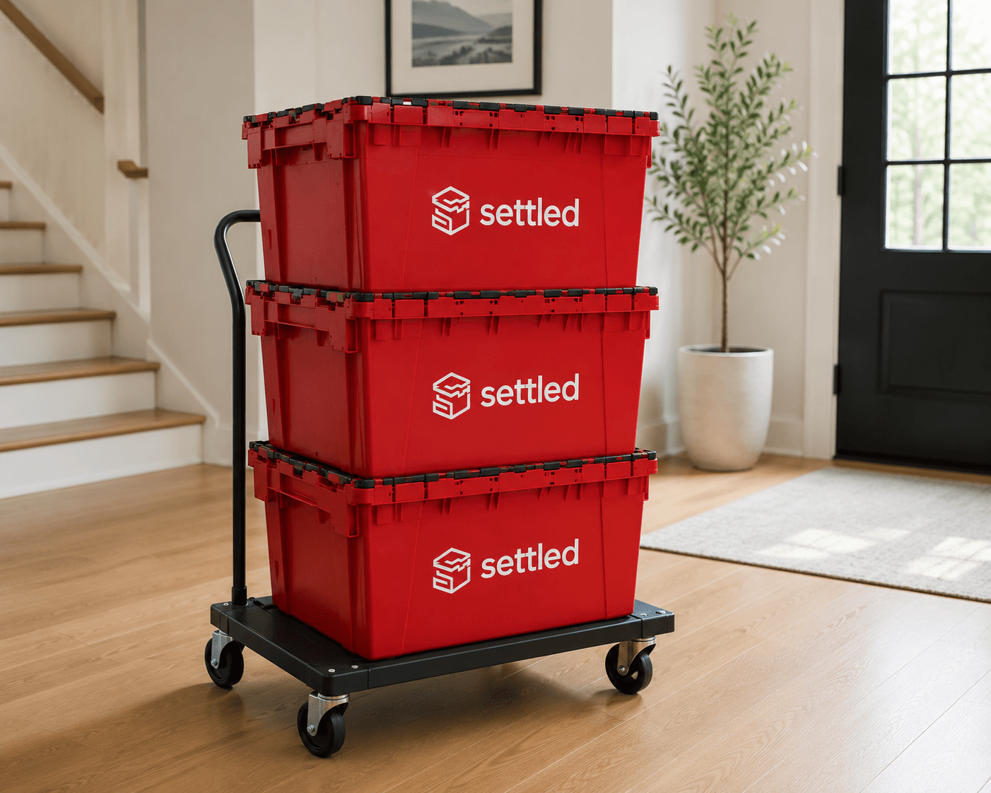 Three stacked Settled bins on a dolly in an entryway