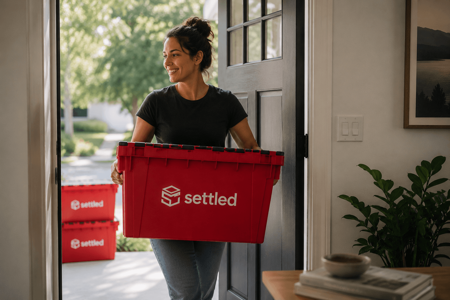 A person carrying a Settled bin through a front door