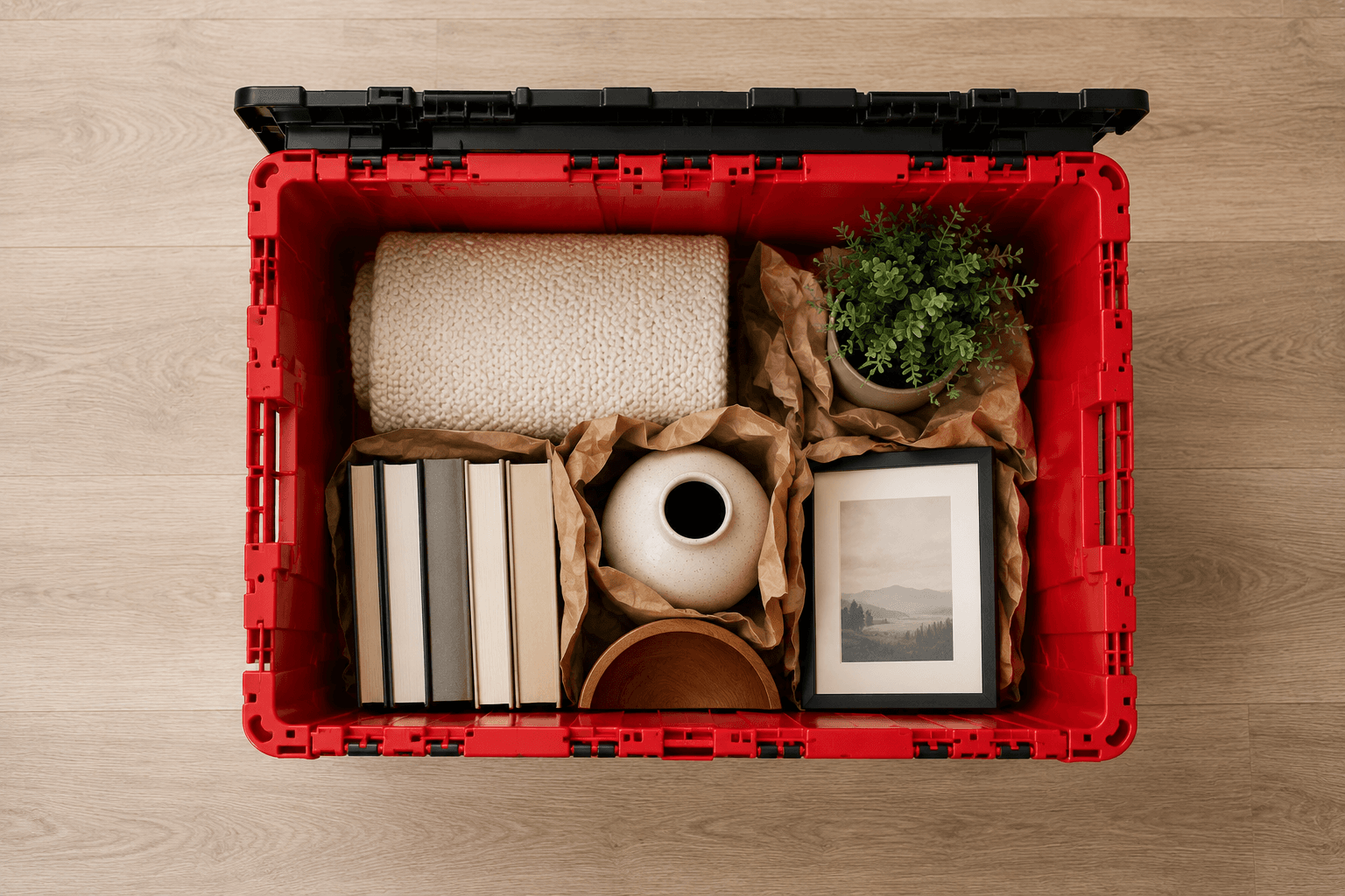 Overhead view of a Settled bin packed with books, plant, and frame
