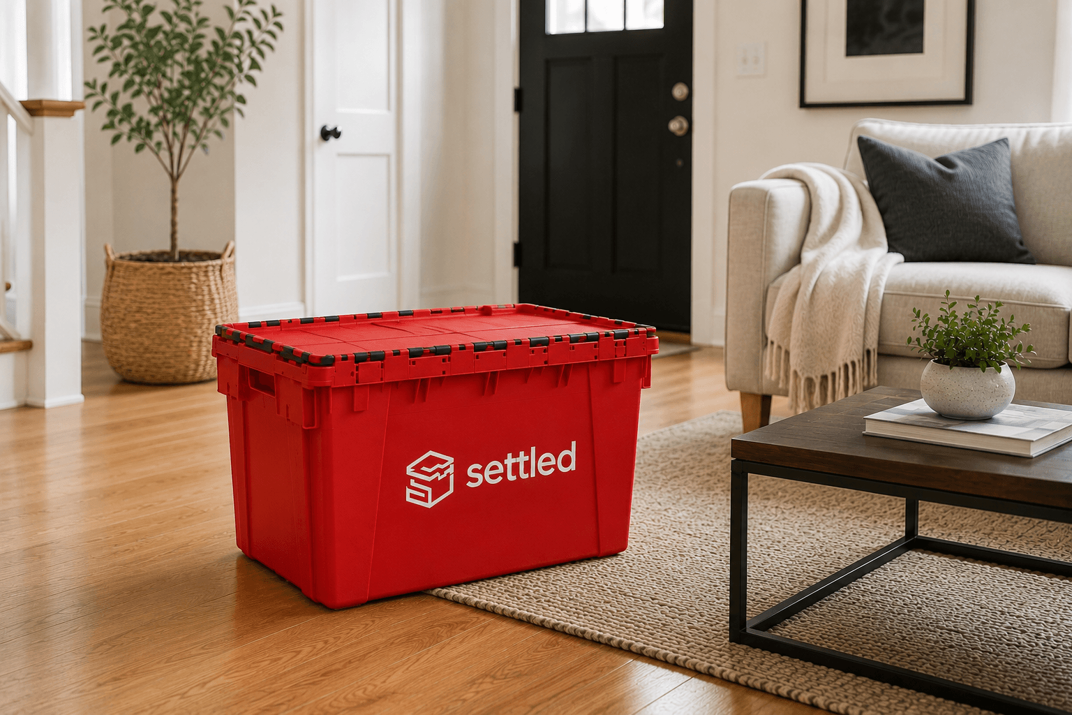 A Settled bin in a living room, ready for a move