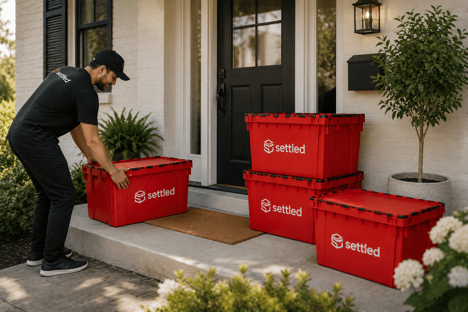 A Settled team member delivering bins to a front porch